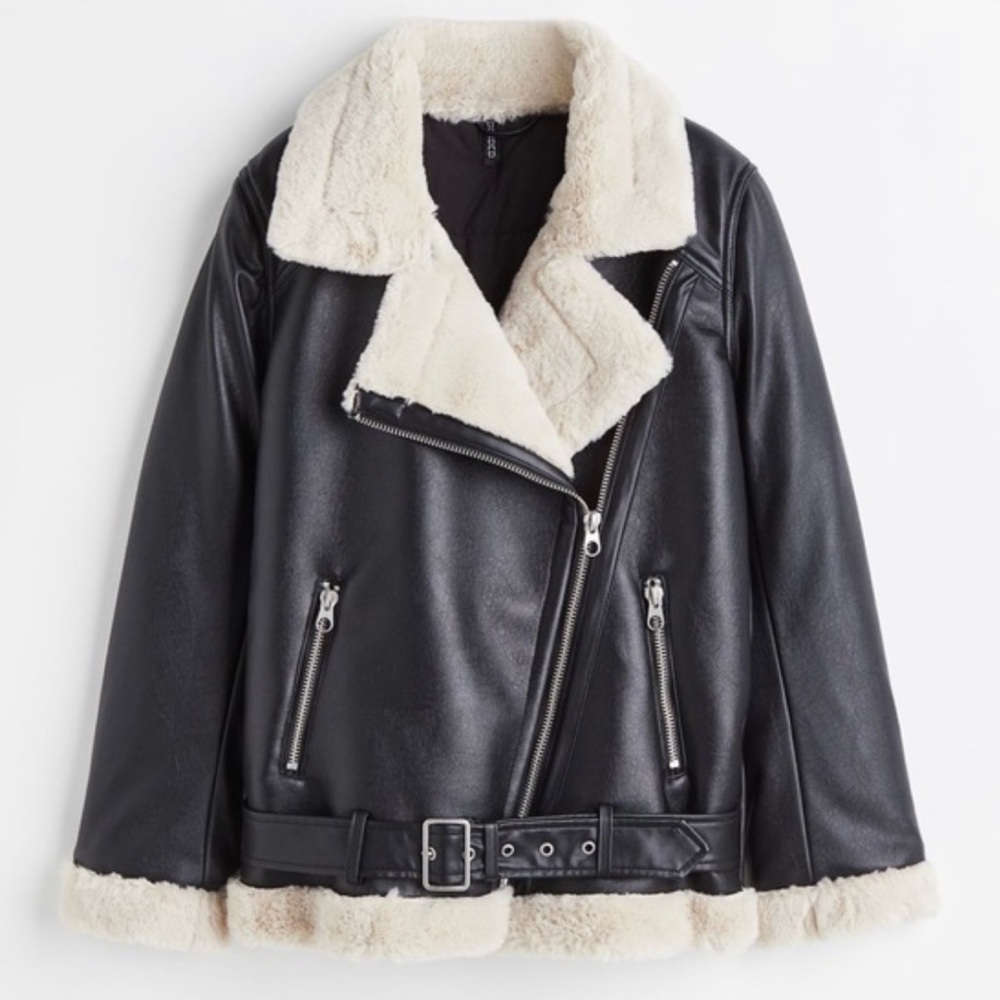 Black Leather Moto Shearling Style Jacket Fleece Lined Divided by H&M Size L